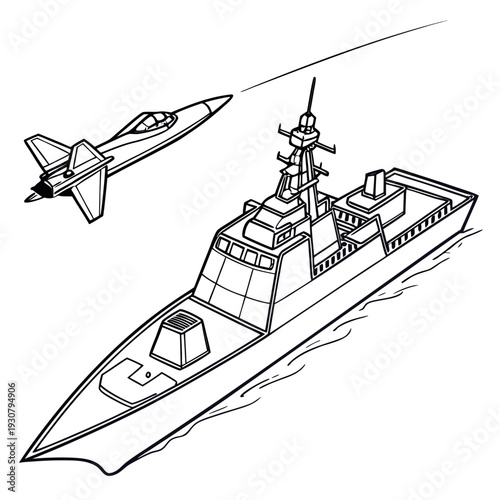 Black and white line of a naval frigate and a fighter jet