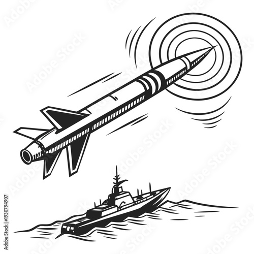 Black and white of anti-ship missile launched from warship