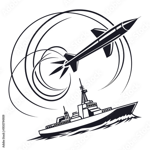 Black and white of a missile launching from a warship