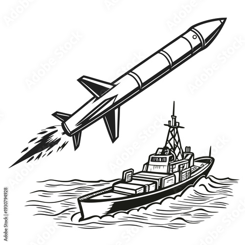 Black and white of a missile launching from a warship 1