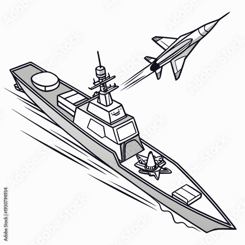 Gray naval frigate with fighter jet warship military vessel