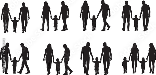 Silhouette vector set of family groups, parents holding child hands, parental care and bonding, isolated figures, parenting concept illustration, togetherness and love
