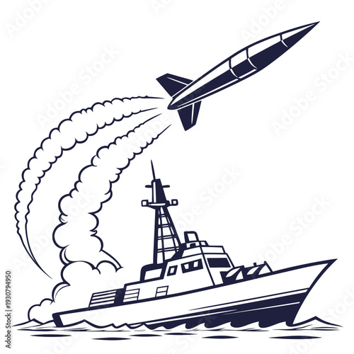 Navy boat launching missile into the air with smoke trails