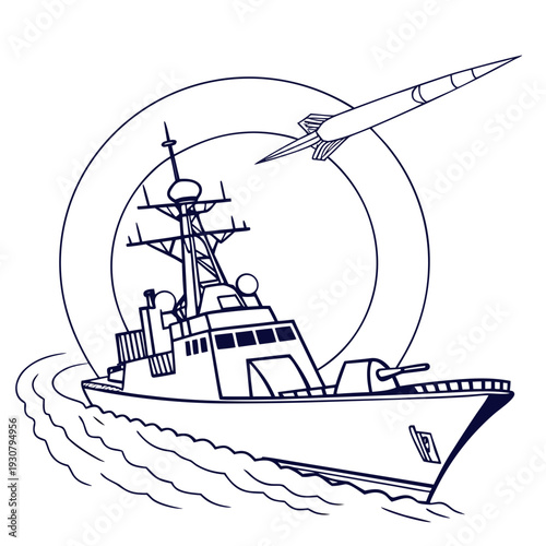 Navy destroyer ship with missile launcher and radar system on water