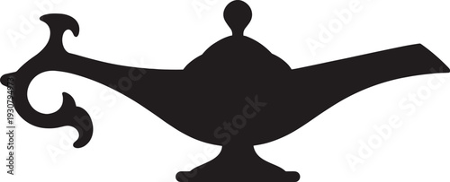 Antique magic oil lamp silhouette, traditional genie lamp vector icon, ancient Arabian lighting mystery symbol, black isolated graphic for fantasy story design