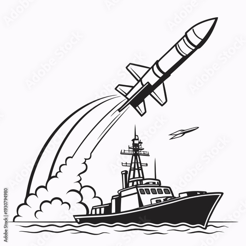 Black and white of a missile launching from a warship 2