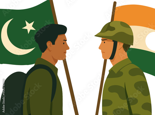 Pakistan and India Soldiers Face to Face - Border Confrontation with National Flags Illustration