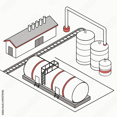 Isometric petrochemical rail yard with storage tanks and building