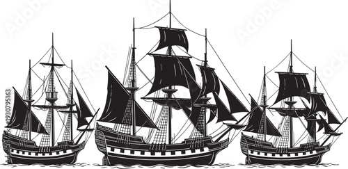 Silhouette vector set of old sailing ships, historical vessels with masts and sails, maritime exploration concept, naval history illustration, ocean travel design