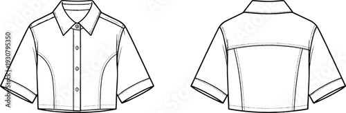 Women's cropped short sleeve shirt CAD drawing, flat vector illustration with front and back views, fashion technical template
