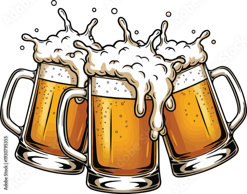 Beer mugs cheers toast cartoon vector illustration.