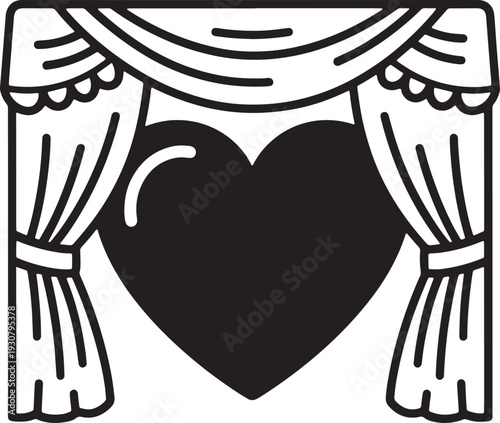 Black heart revealed behind theatrical curtains on white background love romance theater stage