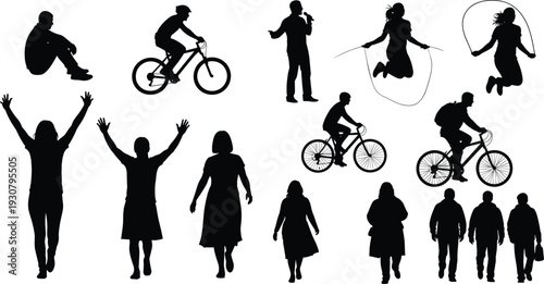 Black and white silhouette collection of diverse people featuring cyclists, individuals jumping rope, singers, walking pedestrians, and casual sitting poses.