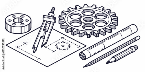A detailed illustration of mechanical engineering tools and gears.