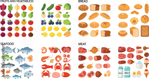 Detailed vector collection of food industry categories including fresh fruits vegetables bakery items seafood meat poultry dairy and eggs for grocery retail and nutrition concepts.