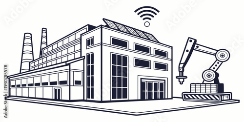 Modern factory with industrial equipment and wireless connectivity.