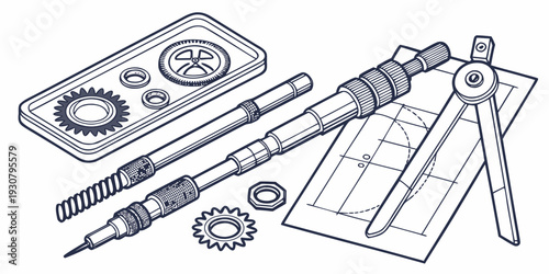 A variety of architectural and engineering drawing tools and instruments