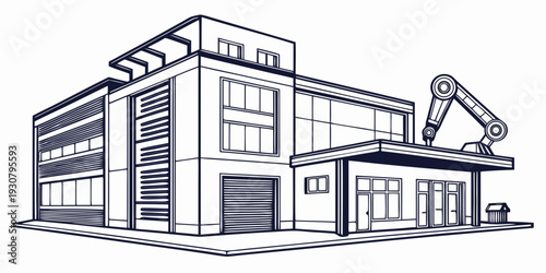 Modern industrial facility with automated robotic arm and large warehouse structure