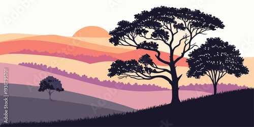 Silhouetted trees and mountains under a vibrant sunset sky