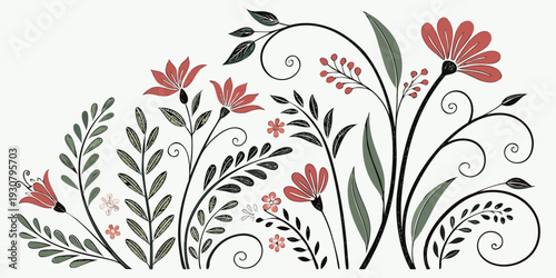 A beautiful illustration of red flowers and green leaves in a symmetrical design