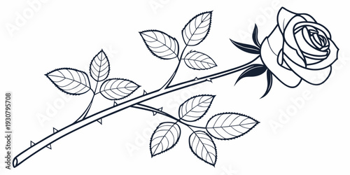 A beautifully detailed illustration of a single rose on a stem with leaves