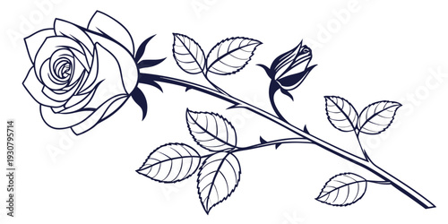 A beautifully illustrated single rose with intricate details and delicate leaves