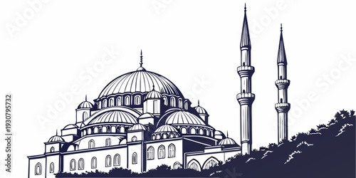 A majestic mosque with two towering minarets and a large dome set against a hillside.