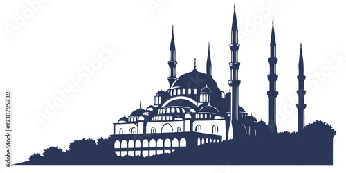 Silhouette of a majestic mosque with six minarets against a clear sky