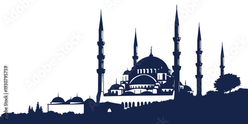 Silhouette of the blue mosque in istanbul with minarets and domes