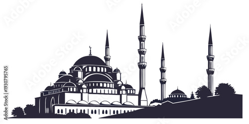 A striking silhouette of a mosque with intricate minarets and domes against a clear sky