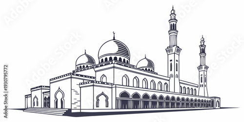 Intricate line drawing of a historic mosque with minarets and domes