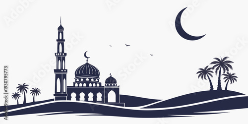 Serene mosque with minarets and palm trees under a crescent moon
