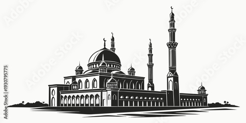 Intricate black and white illustration of a grand mosque with domes and minarets