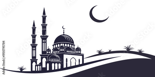 Silhouette of a mosque under a crescent moon with palm trees in the foreground