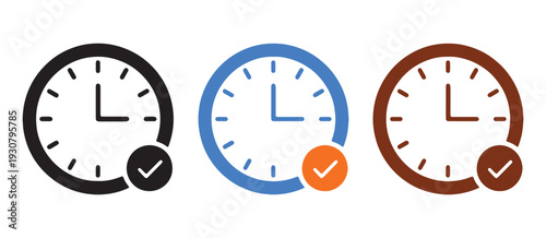 Three clocks with checkmarks indicating time management and punctuality.