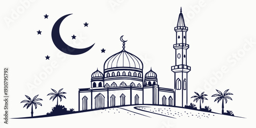 A serene mosque with minarets and a crescent moon under a starry night sky