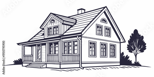 A charming two-story house with a sloped roof and a tree in the front yard