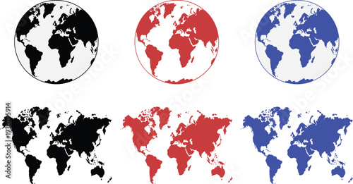 World map globe collection illustration, flat earth geography icon set design, black blue orange vector isolated background graphic