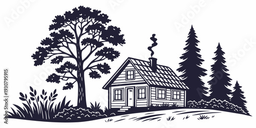 A serene countryside house surrounded by lush trees and nature