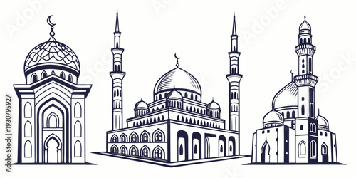 Intricate architectural drawing of three mosques with minarets and domes