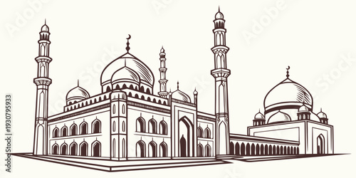 Intricate line drawing of a grand mosque with domes and minarets
