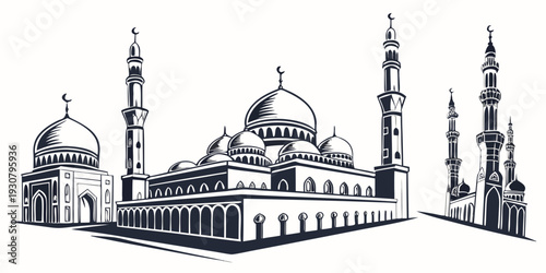 A detailed illustration of a mosque with minarets and domes.