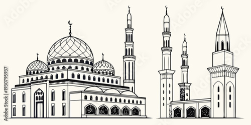 A detailed illustration of a mosque with domes and minarets in black and white