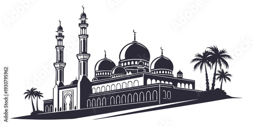 Majestic mosque with intricate domes and minarets under palm trees