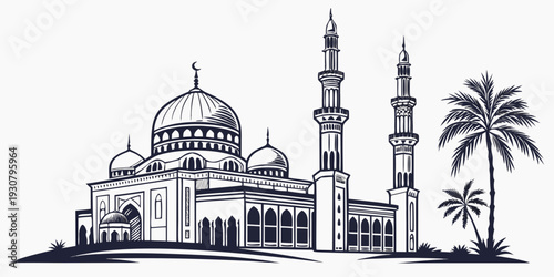 A detailed illustration of a mosque with a large dome and minarets