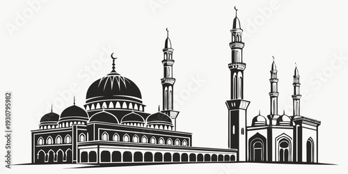 A detailed illustration of a mosque with domes and minarets against a clear sky