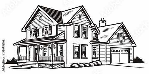 A charming two-story house with a welcoming porch and a large garage