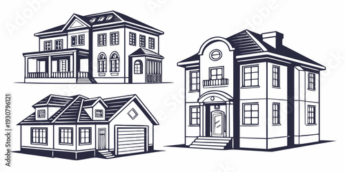 Three distinct architectural house designs showcasing various styles and features.