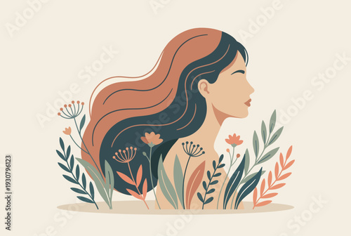 Woman with long hair surrounded by vibrant flowers and leaves in a modern illustration women's day