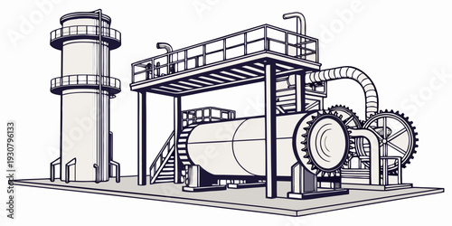 A detailed illustration of an industrial water treatment facility with various machinery